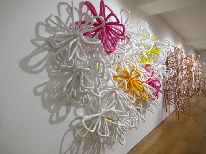 View from exhibition Fibre and Form, showing works by Anna Ray: Rosette (2021) on the left and Mesh (2020) on the right. 

Rosette is an installation of mostly white flower-shaped elements, with several pink, yellow and orange elements. It hangs against a white wall, and the shadows cast by the sculpture are clearly visible on the wall. 

Mesh is a light brown lattice shaped wall hanging with white ribbons tied to the individual elements. It hangs against a white wall, behind the Rosette. 

