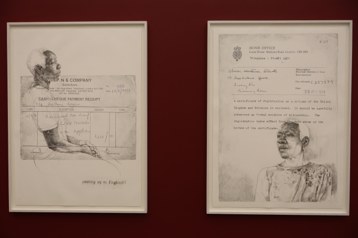 two drawings of a woman drawn on top of official-looking documents.