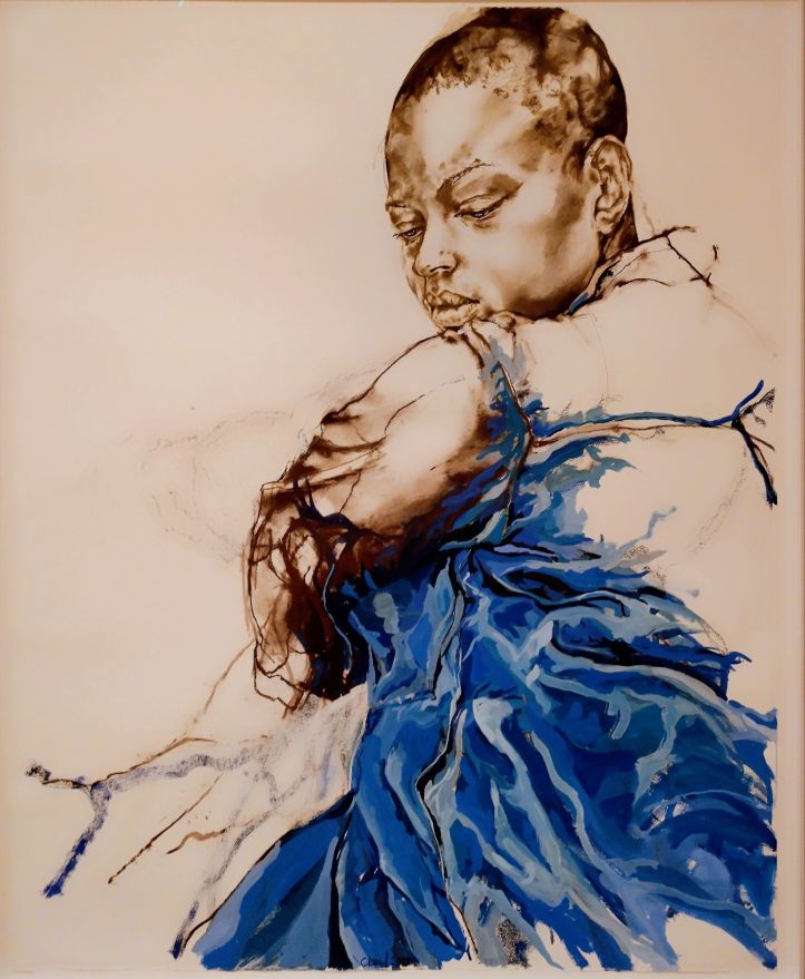 Portrait of a Black woman looking behind her shoulder wearing a flowing blue dress. The painting appears unfinished.